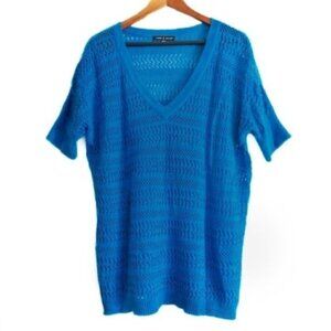 Nordstrom Cable & Gauge Sweater M Slouchy Open Weave Short Sleeve Blue